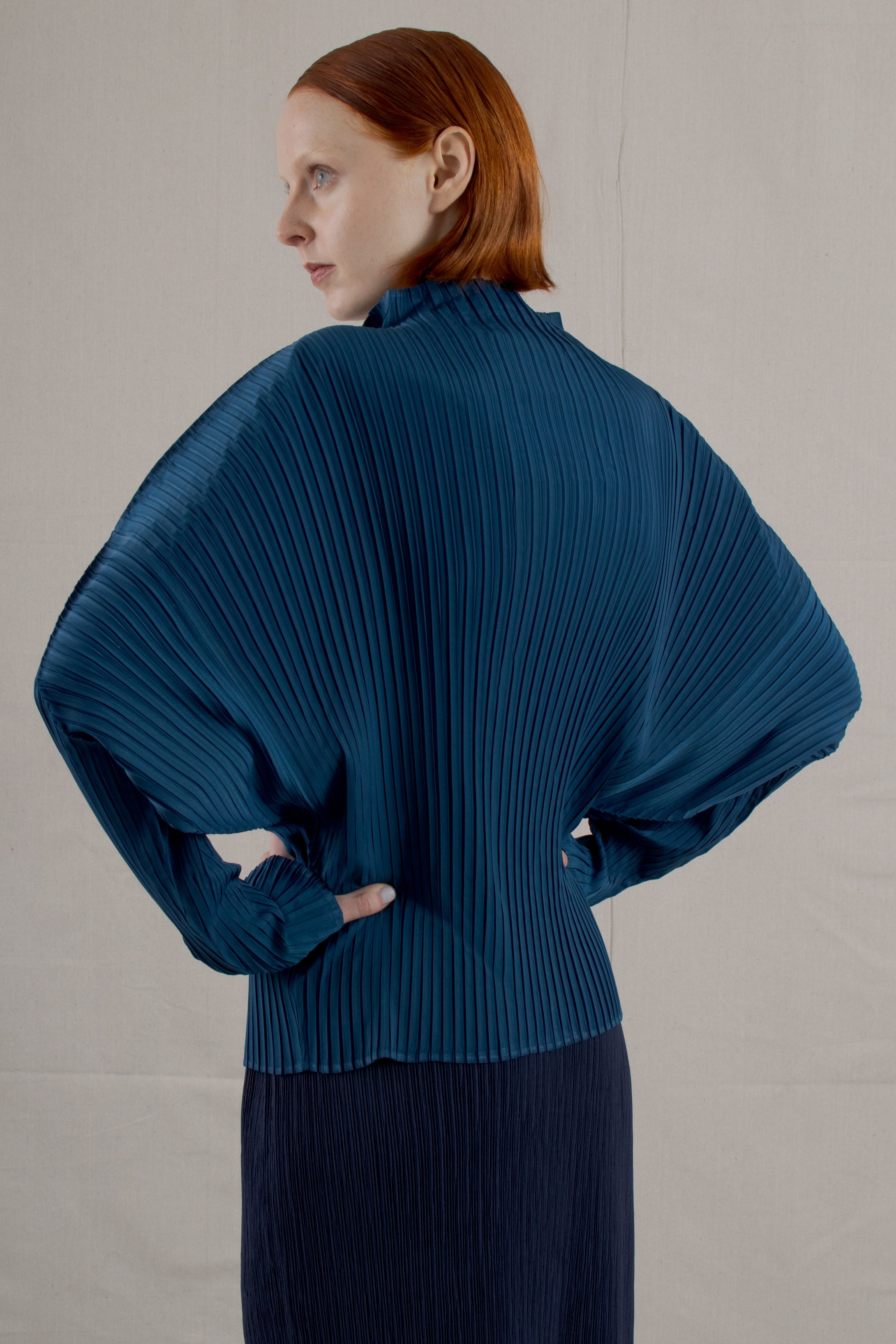 Y2K Issey Miyake Blue Pleated Batwing Top