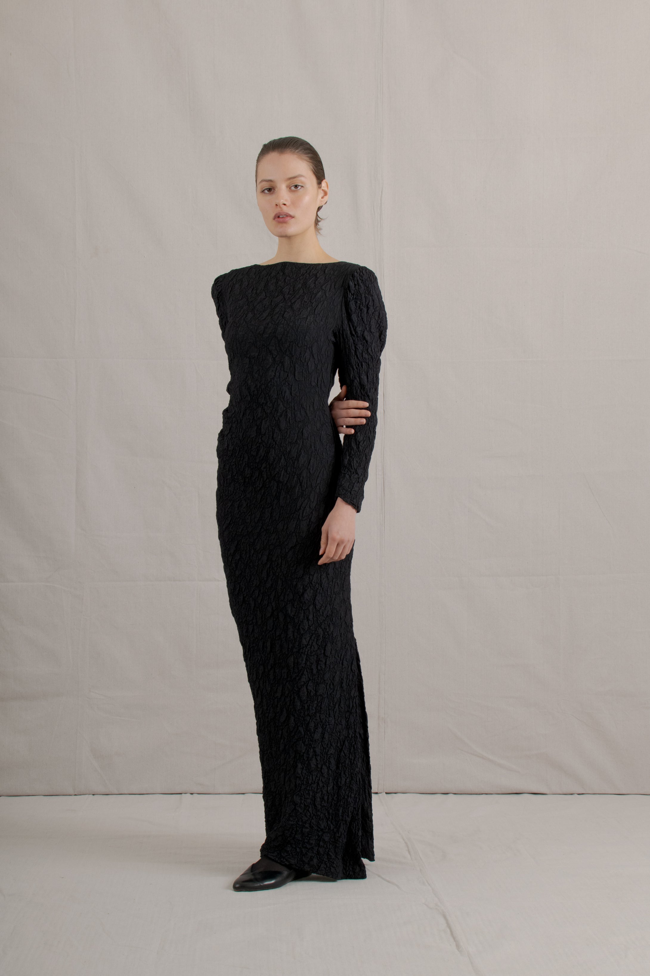 1980's Lanvin Black Silk Textured Gown