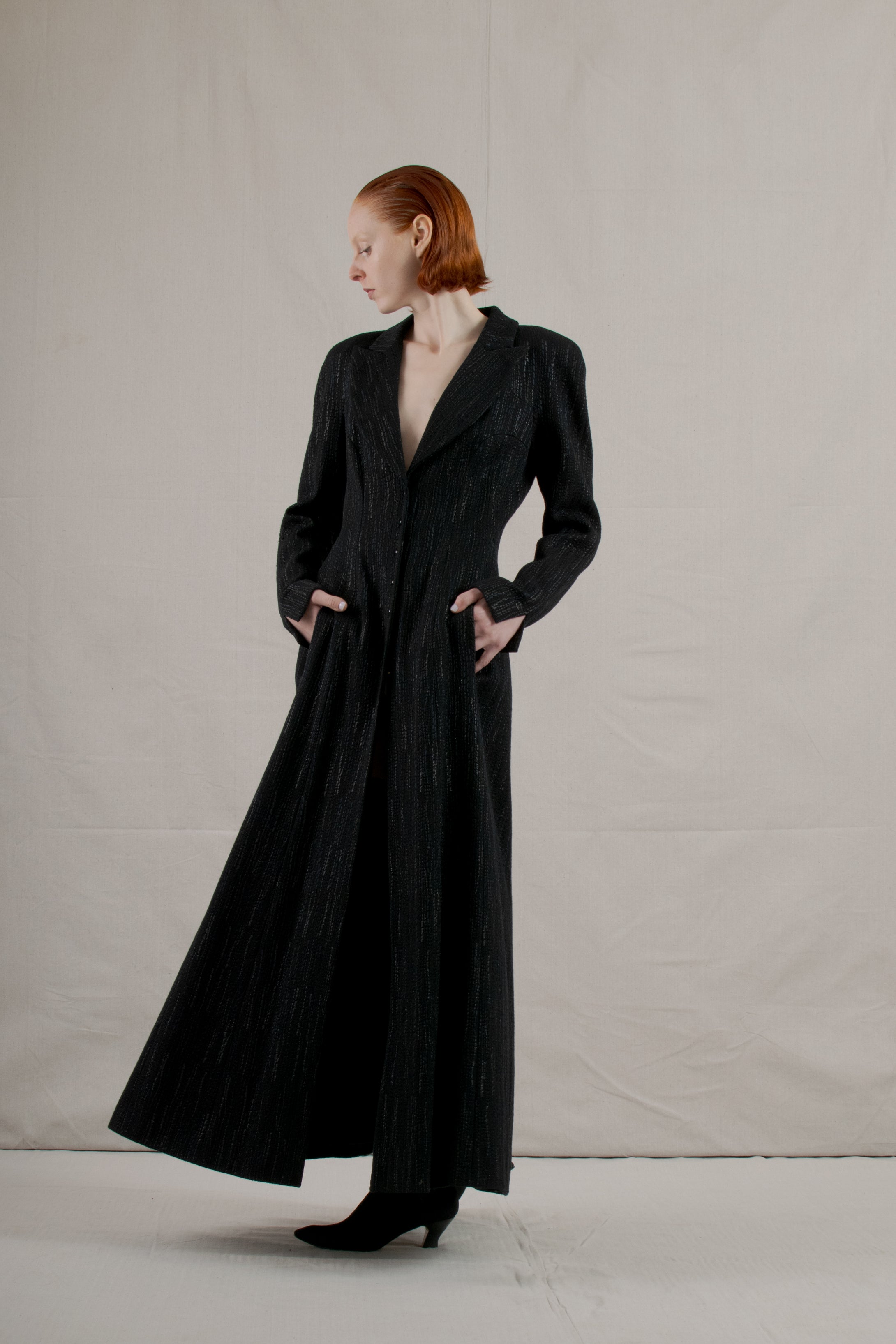 F/W 2002 Chanel Black/Navy Lurex Bouclé Maxi Coat