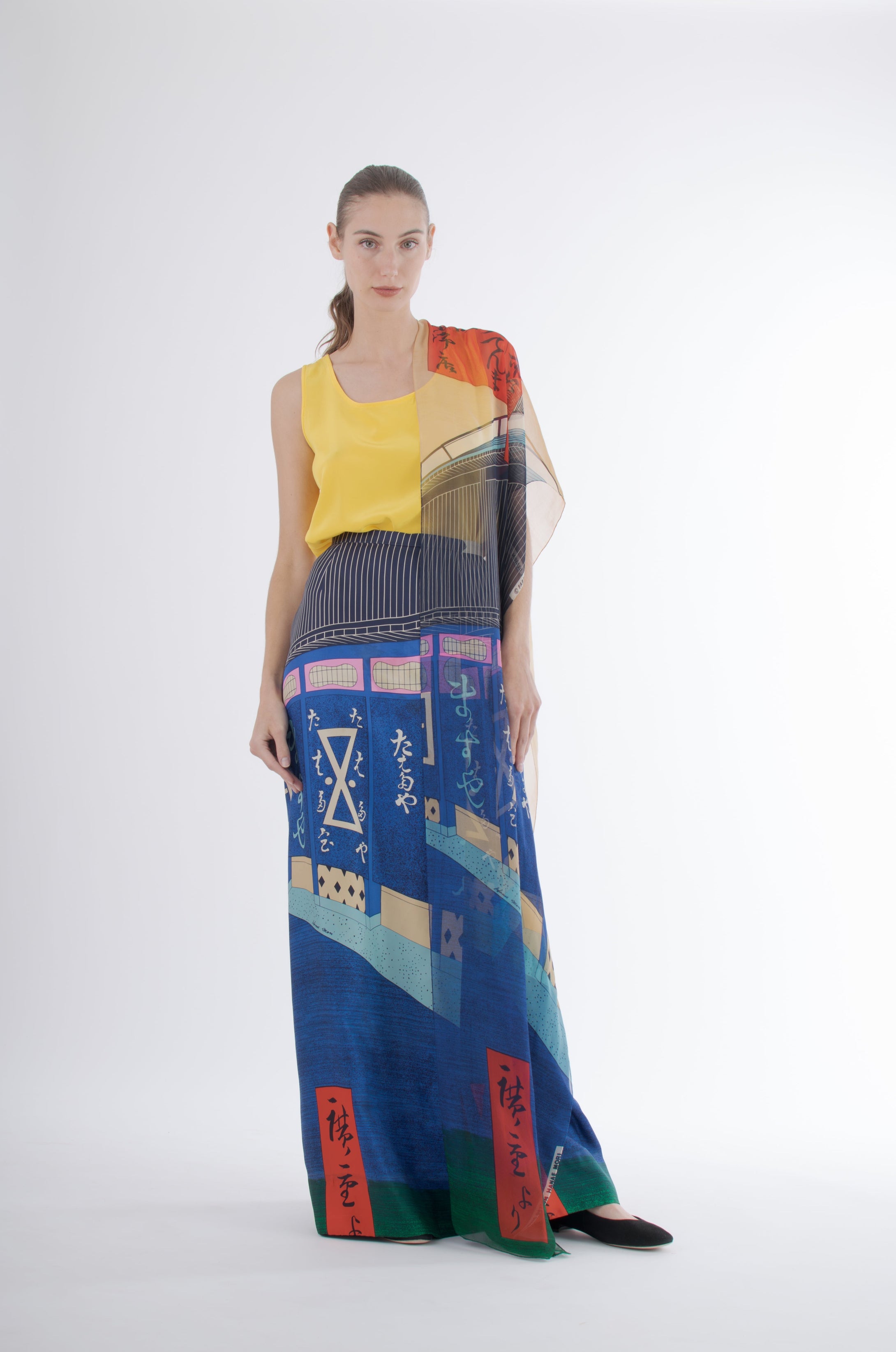 1970's Hanae Mori Silk Skirt and Silk Chiffon Scarf